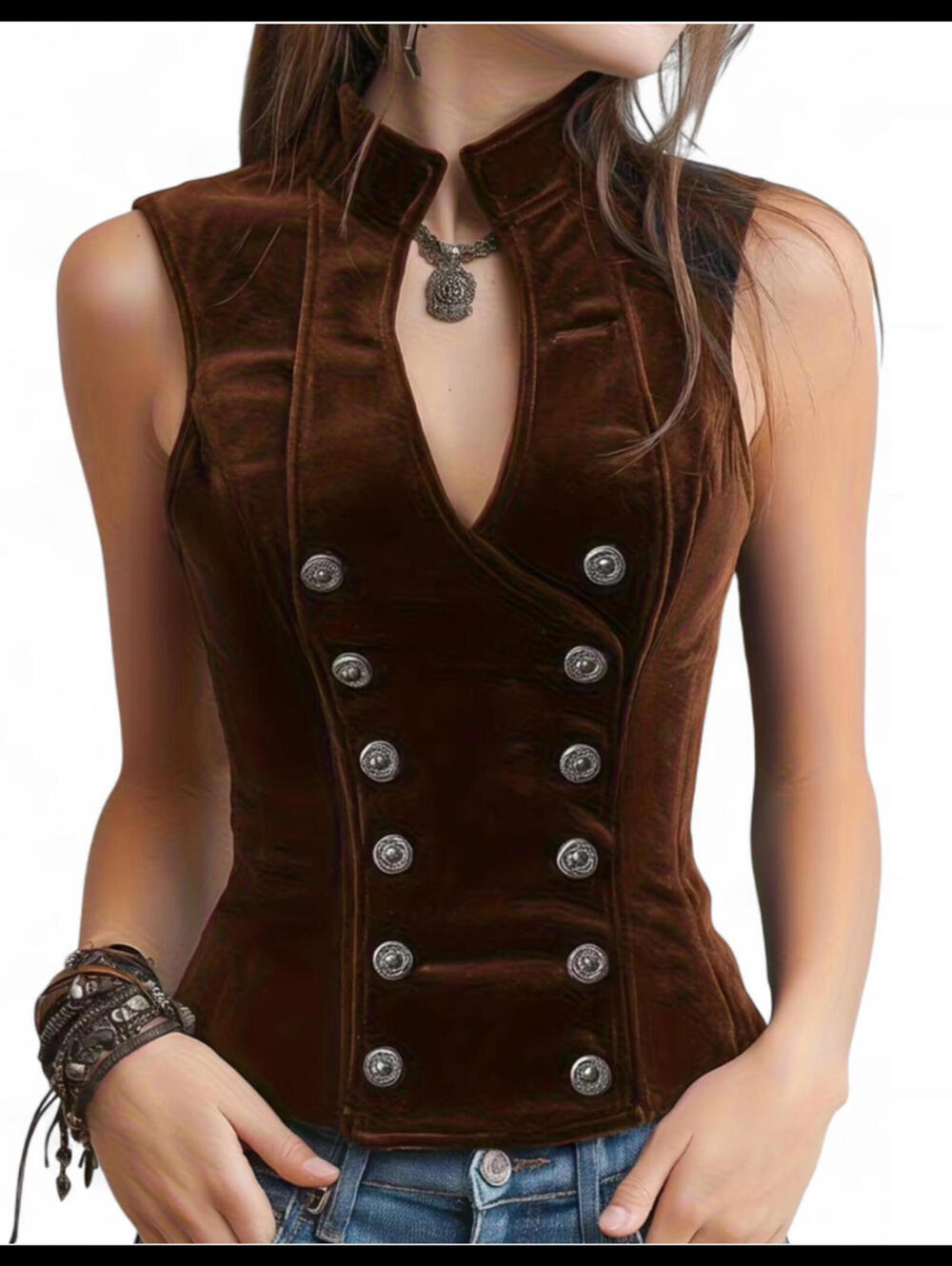 NEW Y2K Retro Vintage SZ XL Velvet Brown Double Breasted Boho Button-Up Vest Top